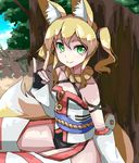  akiyasu animal_ears blonde_hair day fox_ears fox_shadow_puppet fox_tail green_eyes kitsunezuka_kyuu looking_at_viewer original outdoors short_hair smile solo tail 