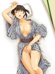  amagami areola_slip areolae arm_up black_eyes black_hair blush breasts covering covering_crotch futon japanese_clothes large_breasts lying on_back open_mouth pillow sasaki_akira_(ugc) short_hair solo tsukahara_hibiki 