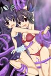  2girls ass barefoot black_hair choujigen_game_neptune feet multiple_girls neptune_(series) noire red_eyes school_swimsuit swimsuit tentacle twintails uni_(choujigen_game_neptune) 