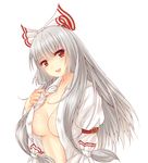  bad_id bad_pixiv_id blush bow breasts cleavage fujiwara_no_mokou grey_hair hair_bow hair_ribbon highres large_breasts long_hair no_bra open_clothes open_mouth red_eyes revision ribbon shirt simple_background smile solo touhou unbuttoned white_background x&amp;x&amp;x 