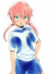  earth_eleven green_eyes inazuma_eleven_(series) inazuma_eleven_go inazuma_eleven_go_galaxy kirino_ranmaru lightning_bolt male_focus ogino_atsuki open_mouth pink_hair simple_background soccer_uniform solo sportswear twintails white_background 