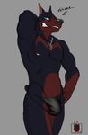  anthro arm_behind_head armpits biceps black_fur black_nose blue_eyes bulge canine doberman dog fangs flexing fur grin linkin linkin_monroe looking_at_viewer male mammal muscles necklace nipples pecs pose red_fur smile smirk smug solo standing teeth thong toned topless underwear 