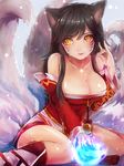  ahri animal_ears bare_shoulders breasts brown_hair cleavage collarbone detached_sleeves facial_mark fang fingernails fox_ears fox_tail highres large_breasts league_of_legends lips long_hair long_sleeves looking_away low_neckline maipou_(maihana) multiple_tails sitting slit_pupils solo tail wariza yellow_eyes 