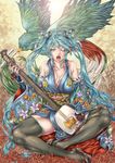  aqua_eyes aqua_hair bachi bird breasts cleavage detached_sleeves flower hair_ornament hatsune_miku highres instrument juunin_toiro_(silent123) large_breasts long_hair one_eye_closed open_mouth plectrum sandals shamisen sitting solo thighhighs twintails very_long_hair vocaloid 