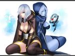  :x aqua_eyes ashe_(league_of_legends) back-to-back black_legwear blue_skin breasts brown_legwear cleavage cloak crossover defense_of_the_ancients dota_2 eyelashes facial_tattoo highres hood kumiko_shiba large_breasts league_of_legends lips looking_at_viewer mask multiple_girls no_bra silver_hair smile tattoo thighhighs traxex vambraces 