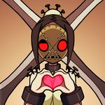  bare_shoulders beige_background brown_hair cross hair_bun heart heart_hands looking_at_viewer mask painwheel_(skullgirls) red_eyes screw shisen simple_background skullgirls solo stitches uneven_eyes upper_body wrist_cuffs 