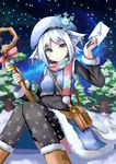  akiyasu animal_ears bell black_legwear bow commentary_request green_eyes hat letter looking_at_viewer original short_hair sitting smile snow snowflakes snowing solo tail thighhighs 
