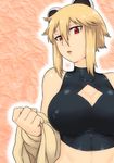  animal_ears araiguma-san bare_shoulders blonde_hair breasts cleavage cleavage_cutout collarbone covered_nipples crop_top halter_top halterneck large_breasts original parted_lips raccoon_ears red_eyes short_hair sidelocks solo tsukudani_(coke-buta) 