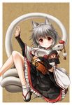  ahoge animal_ears blush breasts bridal_gauntlets detached_sleeves geta hat inubashiri_momiji kei_kei kourindou_tengu_costume medium_breasts red_eyes short_hair silver_hair smile snake solo tabi tail tengu-geta tokin_hat touhou white_snake wolf_ears wolf_tail 