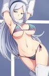  aila_jyrkiainen armpits arms_up bikini boots breasts cleavage elbow_gloves gloves gundam gundam_build_fighters hat large_breasts long_hair looking_at_viewer navel samidaredou side-tie_bikini silver_hair solo swimsuit thigh_boots thighhighs 
