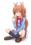  :i ^_^ aria_gakuen_school_uniform blue_shirt blush bow brown_hair closed_eyes eating food food_on_face full_body houjou_hibiki indian_style kneehighs loafers long_hair ogry_ching pink_bow precure school_uniform shirt shoes simple_background sitting solo suite_precure two_side_up white_background 