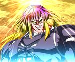  broly_(cosplay) cloud commentary dragon_ball dragon_ball_z gradient_hair hijiri_byakuren long_hair long_sleeves looking_at_viewer multicolored_hair muscle nyohe purple_hair solo touhou 