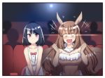  antennae bangs black_hair blunt_bangs blush breasts brown_eyes brown_hair cleavage collarbone comic dress expressionless eyebrows_visible_through_hair eyes_visible_through_hair fur_collar fur_trim glowing glowing_eyes hands_up highres hinghoi insect_girl large_breasts long_hair looking_at_viewer medium_hair monster_girl moth_girl moth_wings movie_theater multiple_girls open_mouth original purple_eyes sitting sleeveless small_breasts smile strapless white_dress wings 