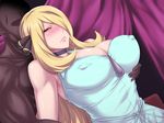  black_beat blonde_hair blue_dress blush breasts choker cleavage covered_nipples dress faceless faceless_male frown hair_over_one_eye large_breasts lips long_hair pokemon pokemon_(game) shirona_(pokemon) solo_focus 