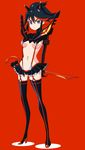  absurdres bad_id bad_pixiv_id boots breasts cameltoe frown high_heels highres iwadamai kill_la_kill matoi_ryuuko medium_breasts multicolored_hair navel red_background revealing_clothes scissor_blade senketsu short_hair solo sword thigh_boots thighhighs two-tone_hair underboob weapon 