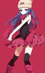  bad_id bad_pixiv_id beanie black_legwear blue_eyes blue_hair boots hair_ornament hairclip hat hikari_(pokemon) holding holding_poke_ball long_hair miniskirt pink_footwear poke_ball pokemon pokemon_(game) pokemon_dppt red_background red_scarf scarf skirt solo thighhighs transistor 