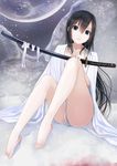  barefoot black_hair blue_eyes katana kentaurosu legs long_hair original sheath sitting snow solo sword weapon 