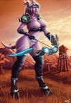  armor arrow big_breasts blue_eyes bow_(weapon) breasts camel_toe detailed draenei female glowing glowing_eyes hooves horn huge_breasts personalami pointy_ears purple_skin purple_tail ranged_weapon solo tentalces video_games warcraft weapon world_of_warcraft 