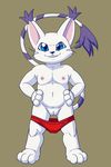  digimon feline female gatomon hands_on_hips looking_at_viewer mammal muscles muscular_female nipples panties partially_clothed plain_background pussy smirk solo standing underwear 