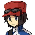  blue_eyes blue_jacket brown_hair calme_(pokemon) closed_mouth expressionless eyewear_on_head hat hk_(nt) jacket looking_afar looking_away lowres male_focus over_shoulder pokemon pokemon_(game) pokemon_xy red_hat simple_background solo sunglasses track_jacket upper_body white_background 