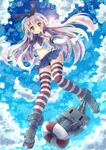  :3 black_panties blonde_hair elbow_gloves gloves hair_ornament highres kantai_collection lifebuoy long_hair looking_at_viewer navel panties rensouhou-chan shimakaze_(kantai_collection) skirt socks striped striped_legwear thighhighs underwear urara_(sumairuclover) white_gloves ||_|| 