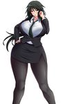  bad_id bad_pixiv_id black_hair black_legwear blush breasts brown_eyes cleavage curvy formal hand_on_hip hand_to_head highres infinite_stratos jacket large_breasts long_hair looking_at_viewer miniskirt necktie open_mouth orimura_chifuyu pantyhose pencil_skirt saogokushi simple_background skirt skirt_suit solo suit thick_thighs thighs white_background 
