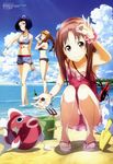  absurdres beach bikini bikini_shorts black_hair braid breasts brown_hair cleavage closed_eyes cloud day drink feet flower galilei_donna hair_flower hair_ornament hazuki_ferrari highres holding holding_shoes hozuki_ferrari kazuki_ferrari legs long_hair medium_breasts megami multiple_girls nishiguchi_tomoya non-web_source ocean official_art outdoors purple_eyes red_eyes sandals scan shoes short_hair shorts sky squatting striped striped_bikini striped_swimsuit swimsuit twin_braids twintails wading water 