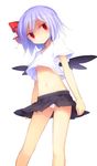  alternate_costume bat_wings blue_hair blush hair_ribbon kazeharu looking_at_viewer midriff navel no_hat no_headwear panties red_eyes remilia_scarlet ribbon shirt short_hair short_sleeves simple_background skirt solo touhou underwear upshirt upskirt white_background wings 