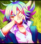  blood blue_hair fubuki_atsuya hand_over_face inazuma_eleven inazuma_eleven_(series) injury komusun letterboxed male_focus orange_eyes solo 