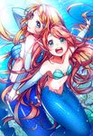  aqua_eyes blonde_hair blue_eyes earrings hair_ornament hairclip happy highres holding_hands hotechige jewelry long_hair mermaid monster_girl multiple_girls navel orange_hair original pointy_ears seashell_bra shell smile underwater very_long_hair 