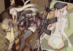  1girl ass assault_rifle bangs beret black_legwear blunt_bangs blush breasts closed_mouth clothes_writing eyebrows_visible_through_hair facial_mark girls_frontline gloves green_eyes gun hair_ornament hat heckler_&amp;_koch highres hk416 hk416_(girls_frontline) holding holding_gun holding_weapon jacket long_hair looking_at_viewer medium_breasts multiple_views object_namesake panties parted_lips plaid plaid_skirt rifle saimon_ma silver_hair skirt teardrop thighhighs topless trigger_discipline underwear very_long_hair weapon white_panties 