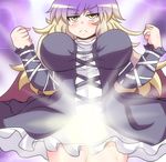  :&lt; alternate_breast_size blush breasts breasts_apart cape clenched_hands commentary cross-laced_clothes glowing gradient_hair hijiri_byakuren jitome large_breasts long_hair long_sleeves looking_at_viewer looking_up miyamaru multicolored_hair purple_hair serious skirt solo touhou yellow_eyes 