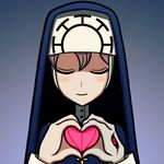  blush brown_hair closed_eyes cross cross_necklace double_(skullgirls) habit heart heart_hands jewelry monster_girl necklace nun shisen skullgirls smile solo third_eye 