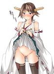  bare_shoulders blue_eyes blush boots brown_hair censored detached_sleeves hairband hiei_(kantai_collection) highres japanese_clothes kaminagi_(kaminagi-tei) kantai_collection no_panties nontraditional_miko pussy short_hair skirt skirt_lift solo thigh_boots thighhighs translated 
