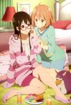  absurdres adjusting_eyewear animal bed bespectacled black_hair blush borrowed_garments brown_eyes brown_hair casual cookie cup drink drinking_glass eyewear_switch food glasses highres hood hoodie kneeling kuriyama_mirai kyoukai_no_kanata lamp legs long_hair loungewear macaron multiple_girls nase_mitsuki non-web_source nyantype official_art open_mouth pillow pocky red-framed_eyewear sawa_shinpei short_hair sitting slippers striped striped_clothes striped_hoodie yakiimo_(kyoukai_no_kanata) 