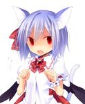  animal_ears bat_wings blue_hair blush bow cat_ears cat_tail embarrassed fang hair_ribbon kazeharu no_hat no_headwear open_mouth puffy_sleeves red_eyes remilia_scarlet ribbon shirt short_hair short_sleeves simple_background solo tail text_focus touhou white_background wings wrist_cuffs 