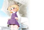  1girl blonde_hair blush cosplay geshopu grey_eyes hat looking_at_viewer moriya_suwako moriya_suwako_(cosplay) no_panties short_hair skirt skirt_lift solo sweat thighhighs tokyo_big_sight touhou wig 