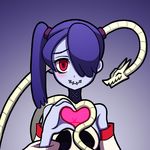  bare_shoulders blue_hair blue_skin blush choker closed_eyes detached_sleeves hair_over_one_eye heart heart_hands heart_hands_duo leviathan_(skullgirls) looking_at_viewer red_eyes shisen side_ponytail skullgirls smile squigly_(skullgirls) stitched_mouth stitches striped twintails zombie 