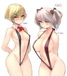  arms_behind_back bare_shoulders blonde_hair blue_eyes blush breasts ciel_alencon cleavage covered_nipples detached_collar fran_francois_francesca_de_bourgogne god_eater god_eater_2:_rage_burst green_eyes hair_ribbon large_breasts multiple_girls naso4 navel ribbon short_hair simple_background slingshot_swimsuit small_breasts swimsuit twintails white_background 