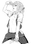  1girl after_sex bike_shorts blush breasts cum cum_on_body cumdrip gloves greyscale hair_ornament hetero kantai_collection looking_at_viewer monochrome nathaniel_pennel nipples open_clothes open_mouth open_shirt penis pleated_skirt school_uniform shiranui_(kantai_collection) shirt short_hair short_sleeves skirt small_breasts solo_focus spread_legs straddling 