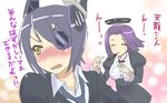  breasts closed_eyes eyepatch food gloves headgear kantai_collection looking_away medium_breasts mouth_hold multiple_girls necktie oofuji_wataru pocky purple_hair school_uniform short_hair smile tatsuta_(kantai_collection) tenryuu_(kantai_collection) translated yellow_eyes 