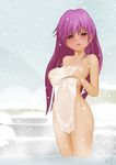  acerbi covering highres long_hair nude onsen original pink_hair red_eyes snow solo towel 