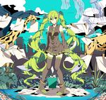  ahoge anklet boots clothesline detached_sleeves giraffe green_eyes green_hair hatsune_miku high_heels highres jellyfish jewelry leaf long_hair necktie pigeon-toed sinomi skirt solo thigh_boots thighhighs twintails very_long_hair vocaloid 