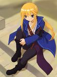  androgynous armband blonde_hair boots coat cosplay daijou_kiyosu from_above grey_eyes highres jewelry pendant ponytail sitting solo umineko_no_naku_koro_ni ushiromiya_lion willard_h_wright willard_h_wright_(cosplay) 