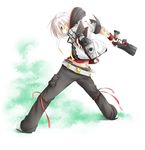  aiming_at_viewer chabaneko dual_wielding grin gun highres holding looking_at_viewer looking_back male_focus original simple_background smile solo weapon white_background white_hair 