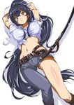  armpit_peek asymmetrical_clothes belt black_eyes black_hair denim hair_ribbon highres jeans kanzaki_kaori long_hair lying midriff pants ponytail ribbon single_pantsleg sword tashiromotoi to_aru_majutsu_no_index very_long_hair weapon 