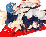  1girl arm_around_waist black_hair blue_eyes blue_hair blush eyewear_removed gaw_(enasa) gloves holding holding_eyewear kill_la_kill matoi_ryuuko midriff mikisugi_aikurou necktie senketsu single_glove skirt sunglasses 