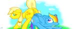  appledash applejack_(mlp) blue_fur braddo cute cutie_mark dash dripping duo female feral friendship_is_magic fur green_eyes hair lesbian multi-colored_hair my_little_pony purple_eyes pussy pussy_juice rainbow rainbow_dash_(mlp) rainbow_hair tongue tongue_out tribadism wet wings 