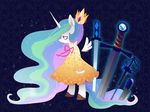  bow clothing crown dotoriii dress equine female friendship_is_magic fur hair horn horse long_hair mammal multi-colored_hair my_little_pony plain_background pony princess_celestia_(mlp) shoes solo standing sword weapon winged_unicorn wings 
