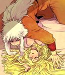  1boy 1girl all_fours bed blonde_hair facial_mark forehead_mark from_above jiraiya long_hair lying naruto on_back red_eyes tamagokara tsunade white_hair 